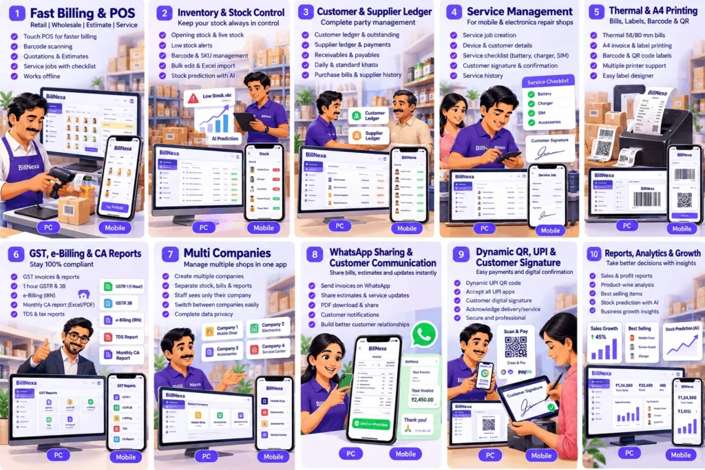 BillNexa Windows and Android retail business software illustration