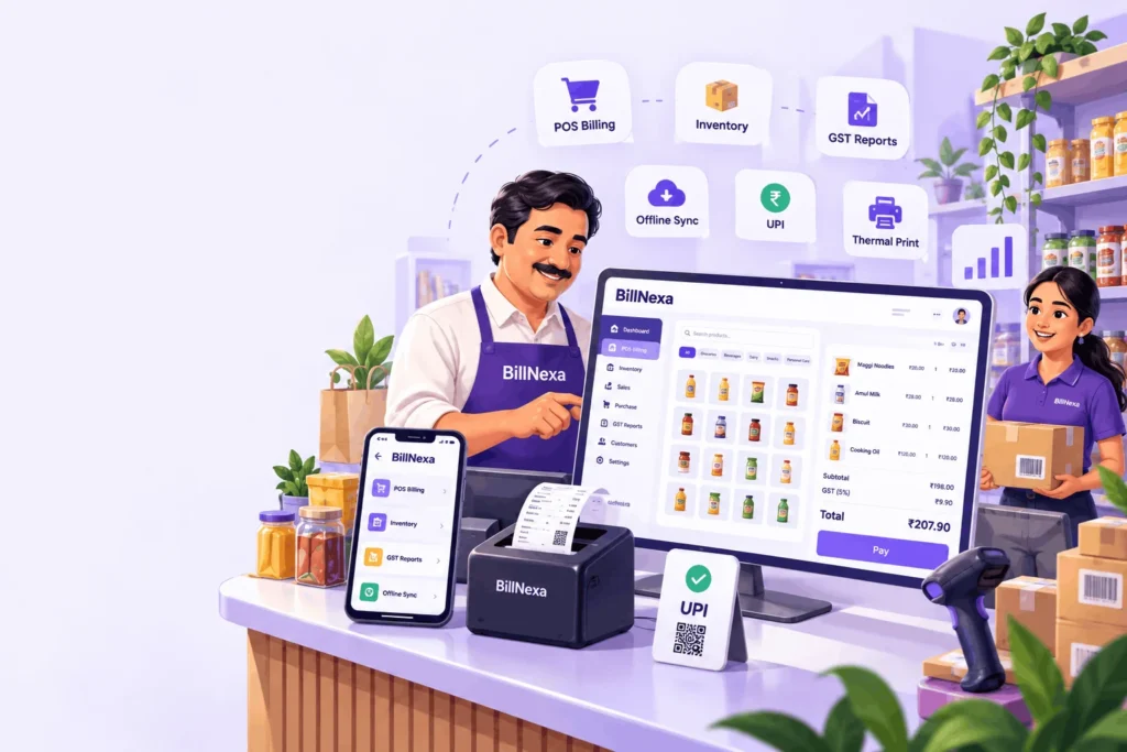 BillNexa retail GST billing and smart checkout illustration