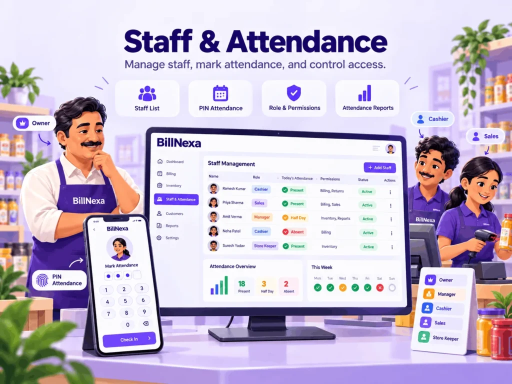 BillNexa retail staff attendance and access management